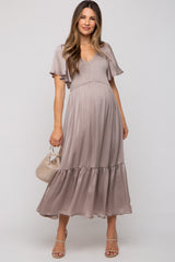 Taupe Satin Smocked Maternity Midi Dress