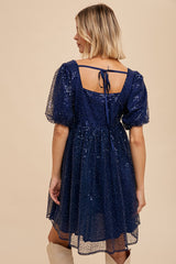 Navy Blue Sequin Pearl Embellished Square Neck Babydoll Dress