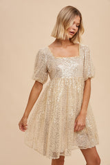 Gold Sequin Pearl Embellished Square Neck Babydoll Dress