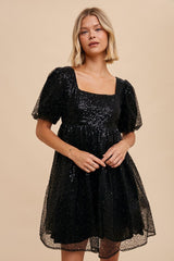 Black Sequin Pearl Embellished Square Neck Babydoll Dress