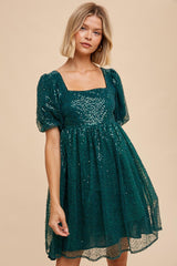 Forest Green Sequin Pearl Embellished Square Neck Babydoll Maternity Dress