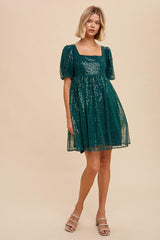 Forest Green Sequin Pearl Embellished Square Neck Babydoll Dress