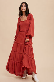 Rust Swiss Dot Ruffle Accent Tiered Maxi Dress