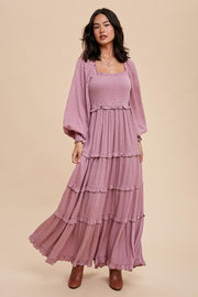 Mauve Swiss Dot Ruffle Accent Tiered Maxi Dress