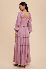 Mauve Swiss Dot Ruffle Accent Tiered Maxi Dress