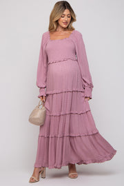 Mauve Swiss Dot Ruffle Accent Tiered Maternity Maxi Dress