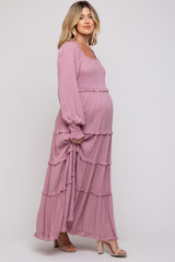 Mauve Swiss Dot Ruffle Accent Tiered Maternity Maxi Dress