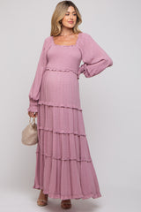 Mauve Swiss Dot Ruffle Accent Tiered Maternity Maxi Dress