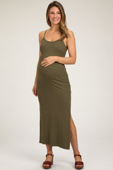 Olive Ribbed Sleeveless Side Slit Maternity Dress