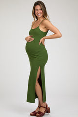 Green Ribbed Sleeveless Side Slit Maternity Dress