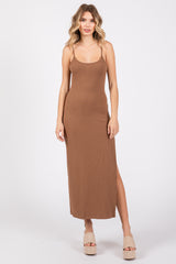 Mocha Ribbed Sleeveless Side Slit Dress