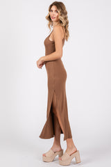 Mocha Ribbed Sleeveless Side Slit Dress