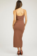 Mocha Ribbed Sleeveless Side Slit Maternity Dress