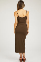 Brown Ribbed Sleeveless Side Slit Maternity Dress