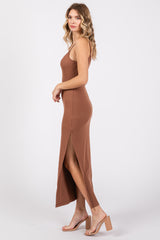 Camel Ribbed Sleeveless Side Slit Dress