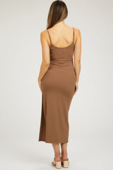 Camel Ribbed Sleeveless Side Slit Maternity Dress