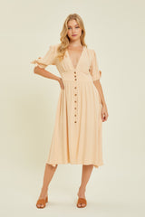 Cream Textured Linen V-Neck Button-Down Midi Dress