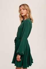 Green Woven Flounced Hem Belted Shirt Dress