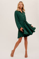 Green Woven Flounced Hem Belted Shirt Dress