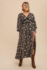 Black Floral V Neck Maxi Floral Dress