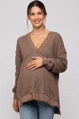 Mocha Waffle Knit Deep V-Neck Maternity Top