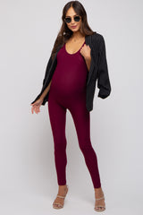 Burgundy Ribbed Bodycon Maternity Jumpsuit