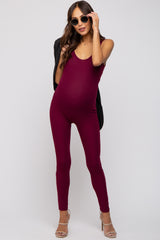 Burgundy Ribbed Bodycon Maternity Jumpsuit