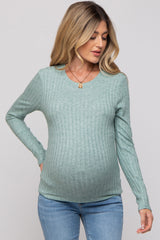 Green Ribbed Long Sleeve Maternity Top