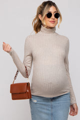 Beige Ribbed Long Sleeve Maternity Turtle Neck Top