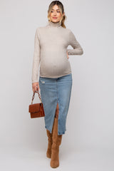 Beige Ribbed Long Sleeve Maternity Turtle Neck Top