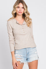 Beige Ribbed Knit Button Long Sleeve Maternity Top