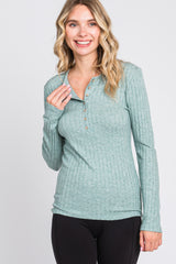 Green Ribbed Knit Button Long Sleeve Top