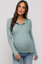 Green Ribbed Knit Button Long Sleeve Maternity Top