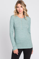 Green Ribbed Knit Button Long Sleeve Maternity Top