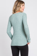 Green Ribbed Knit Button Long Sleeve Top