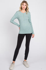 Green Ribbed Knit Button Long Sleeve Top