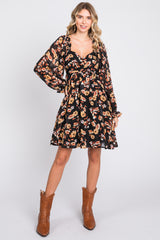 Black Floral Chiffon Sweetheart Neck Long Puff Sleeve Dress