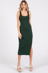 Forest Green Ribbed Knit Sleeveless Side Slit Dress