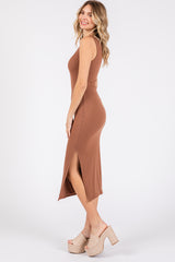 Mocha Ribbed Knit Sleeveless Side Slit Dress