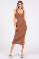 Mocha Ribbed Knit Sleeveless Side Slit Maternity Dress