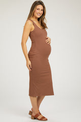 Mocha Ribbed Knit Sleeveless Side Slit Maternity Dress