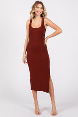 Dark Rust Ribbed Knit Sleeveless Side Slit Maternity Dress