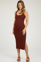 Dark Rust Ribbed Knit Sleeveless Side Slit Maternity Dress