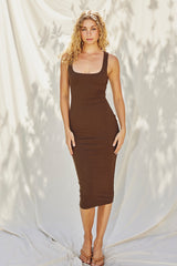 Brown Ribbed Knit Sleeveless Side Slit Dress