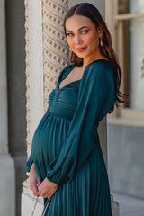 Forest Green Sweetheart Pleated Long Sleeve Maternity Midi Dress