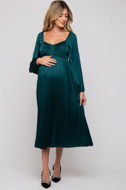 Forest Green Sweetheart Pleated Long Sleeve Maternity Midi Dress