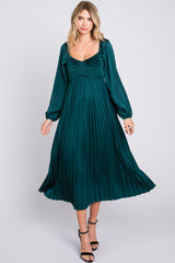 Forest Green Sweetheart Pleated Long Sleeve Maternity Midi Dress