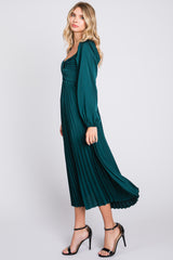 Forest Green Sweetheart Pleated Long Sleeve Midi Dress