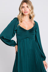 Forest Green Sweetheart Pleated Long Sleeve Midi Dress