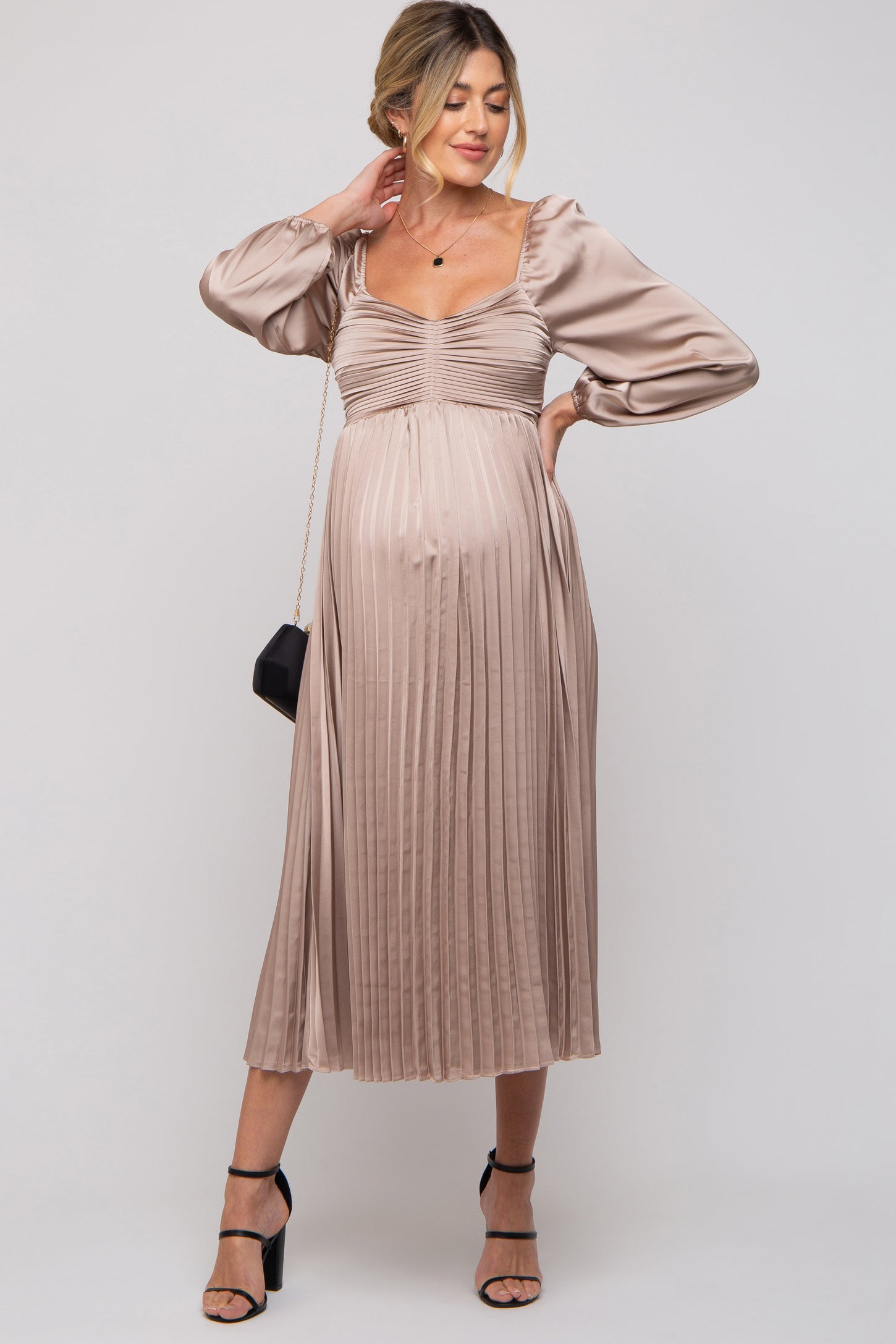 Sweetheart Tie Front Midi Maternity Dress with Long Sleeves